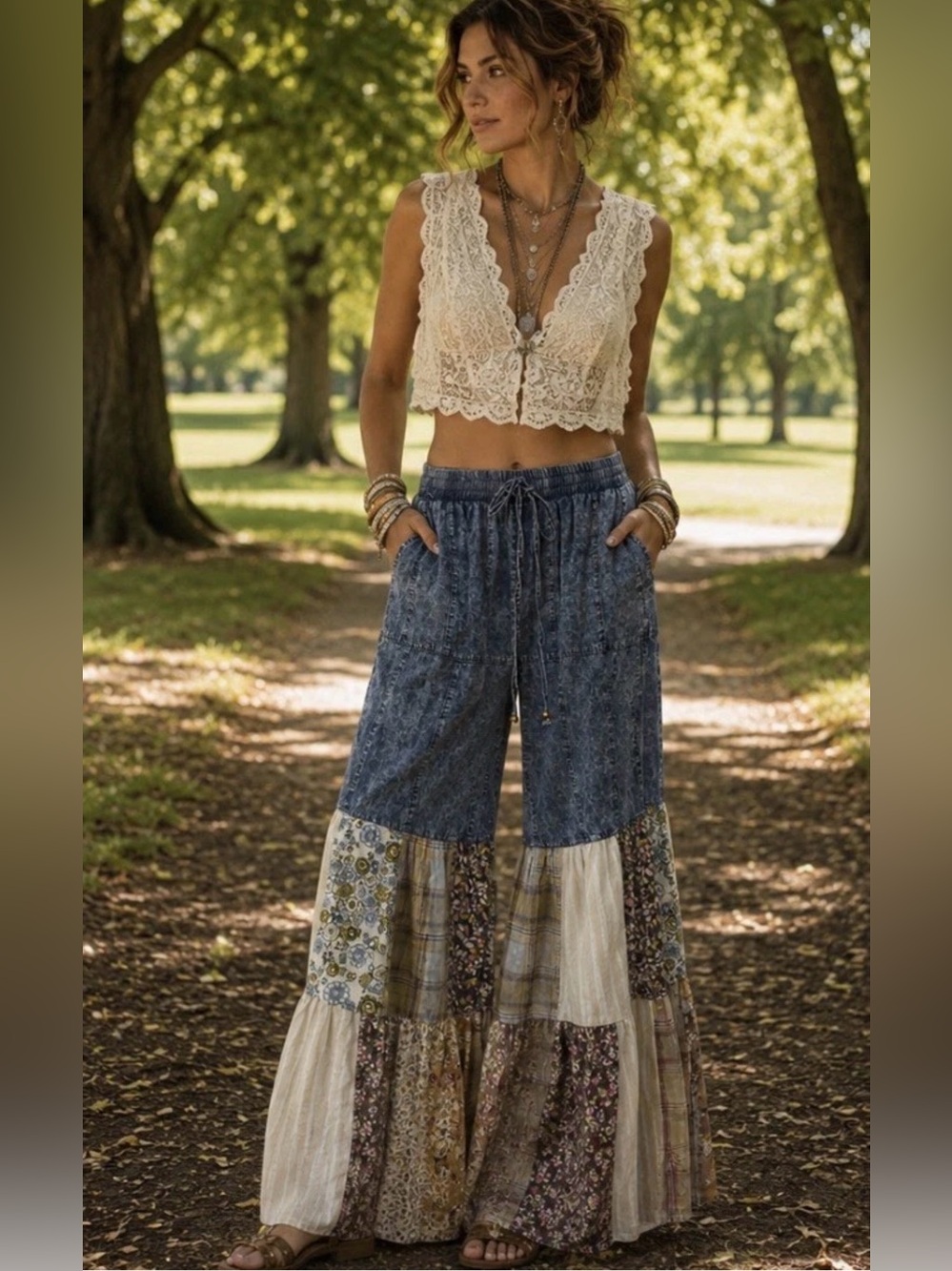 H034 NWT Blue Velvet L w14-20 Boho Patchwork Wide-Leg Denim Pants Blue Cream - Picture 1 of 12